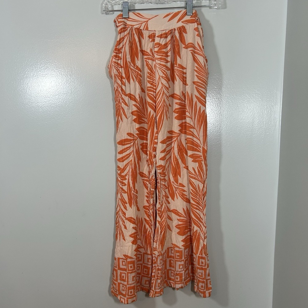 Angie 100% Rayon Pants Women's Medium Orange  Beach Boho Smoked Waist Tie Back
